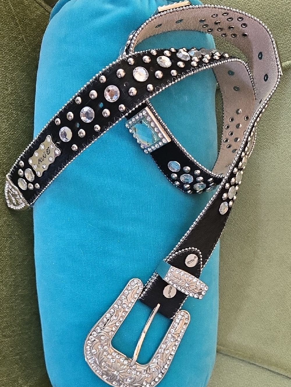 Embellished BHW size L Black Rhinestone Western Belt with Silver Buckle